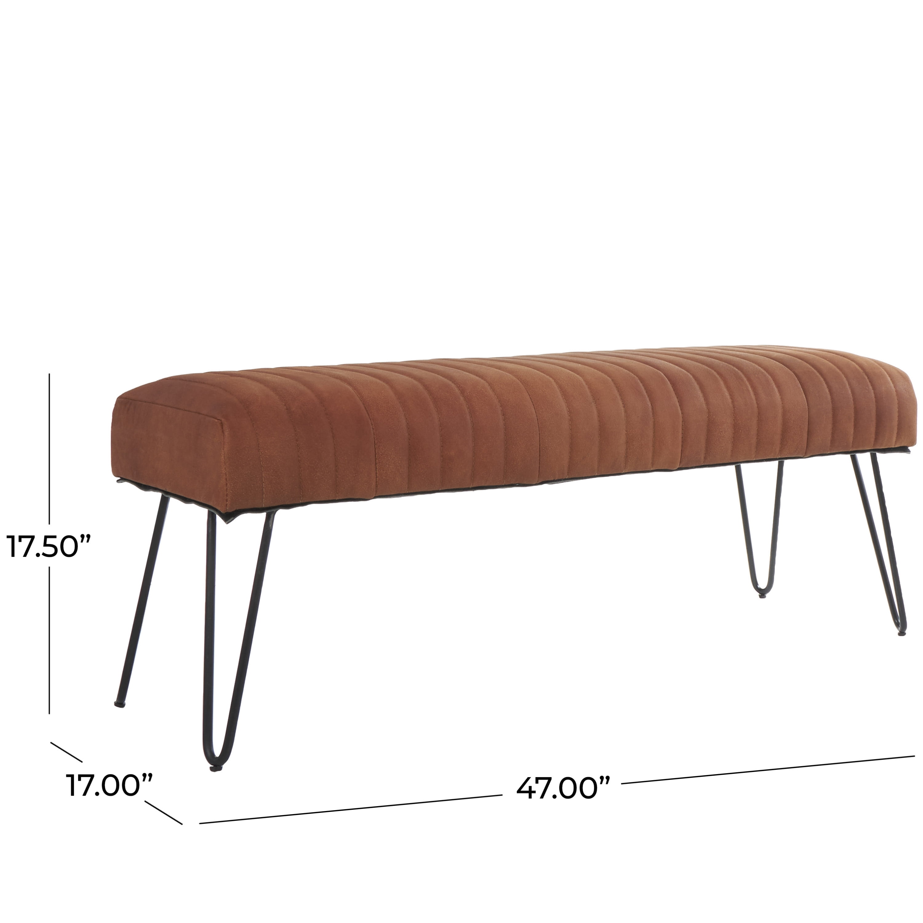 DecMode Leather Upholstered Bench with Linear Tufted Panels and Black Metal Hairpin Legs, Brown