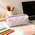 thumbnail image 2 of Cute Pencil Pouch, Quilted Gingham Pencil Case with Lace Accent, Zipper Organizer Bag for Office Desk Artists Travel and Makeup Storage, 6.7 Inch, 2 of 7