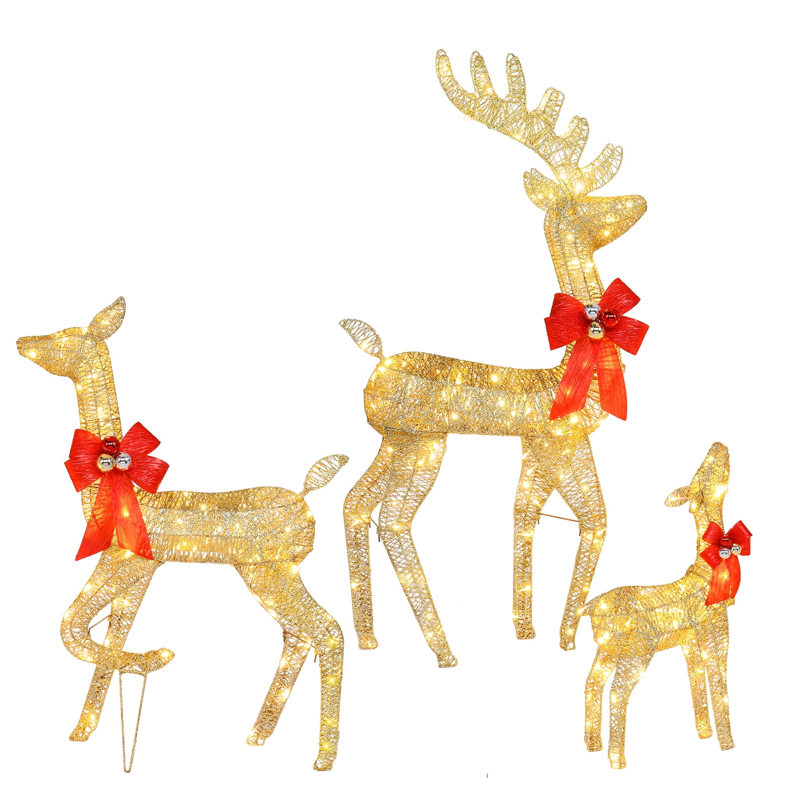 Astoutdoor Golden Iron Frame 3-Piece Family Elk Decoration with Lights