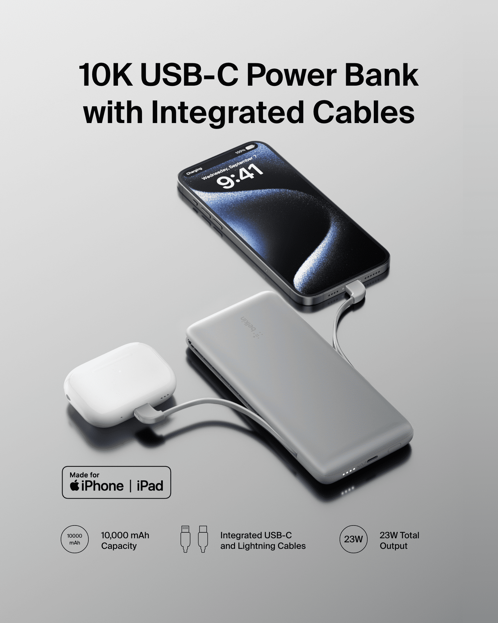 Belkin Portable Charger, Power Bank 10000 mAh, 23W w/Integrated Lightning Cable & USB-C Cable - iPhone Charger Battery Pack for Apple iPhone 16, 15, 14, Galaxy S25, Pixel 9, Travel Essentials - Gray