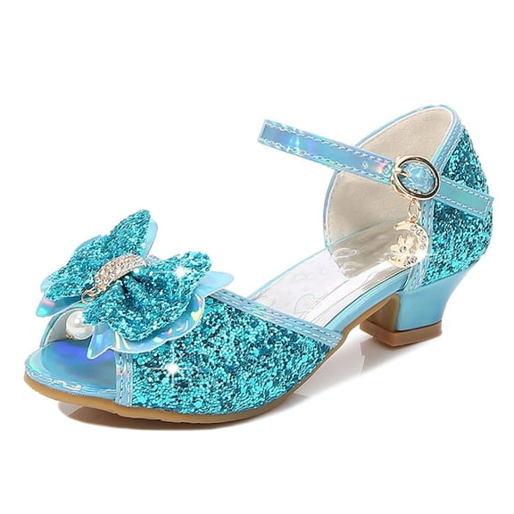 ITSAME Girls Dress Shoes, Sparkly Bow Open Toe Adjustable Strap Kids Stage Performance Party Princess Sandals Blue 11.5M(Little Kids)