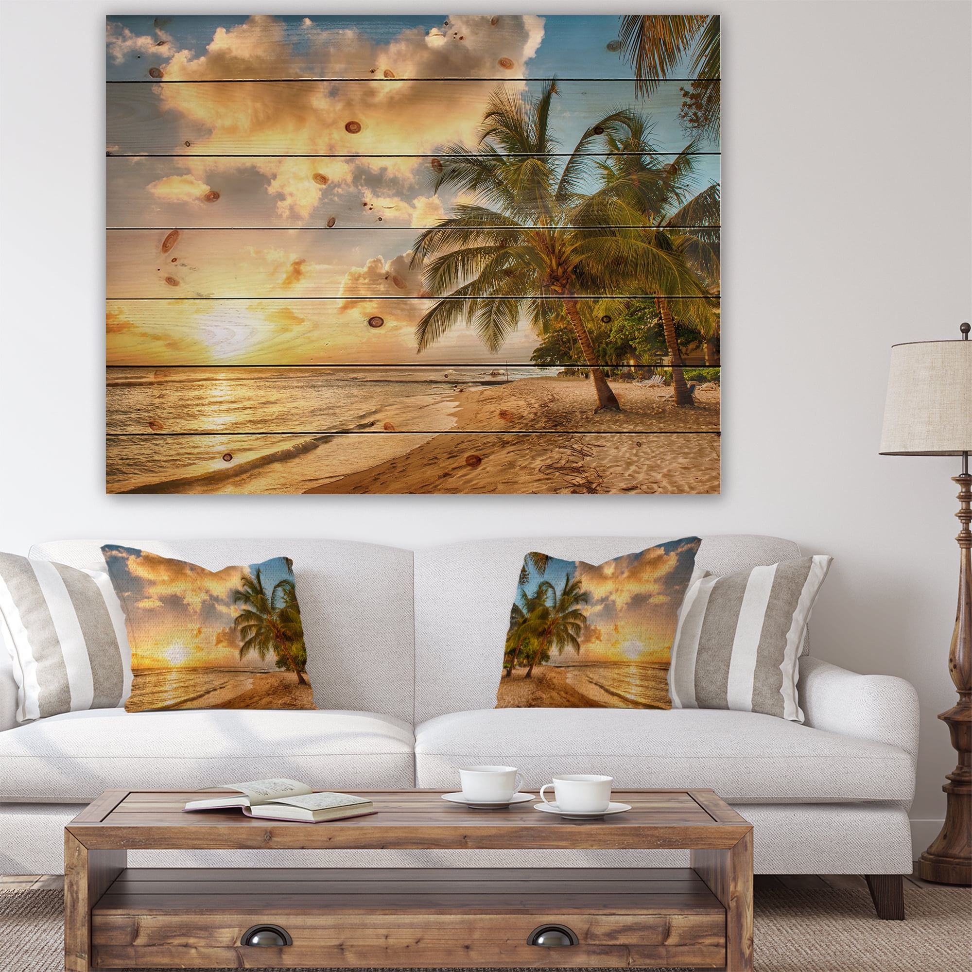 Designart 'Beautiful Beach of Island Barbados ' Modern Seascape Print on Natural Pine Wood