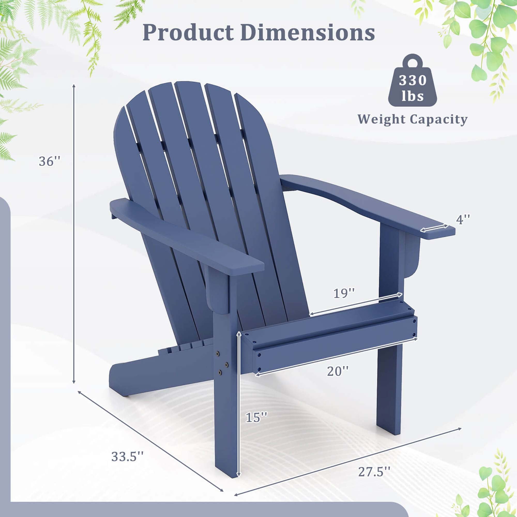 Costway Patio Adirondack Chair with Inclined Seat High Backrest & Wide Armrests Blue