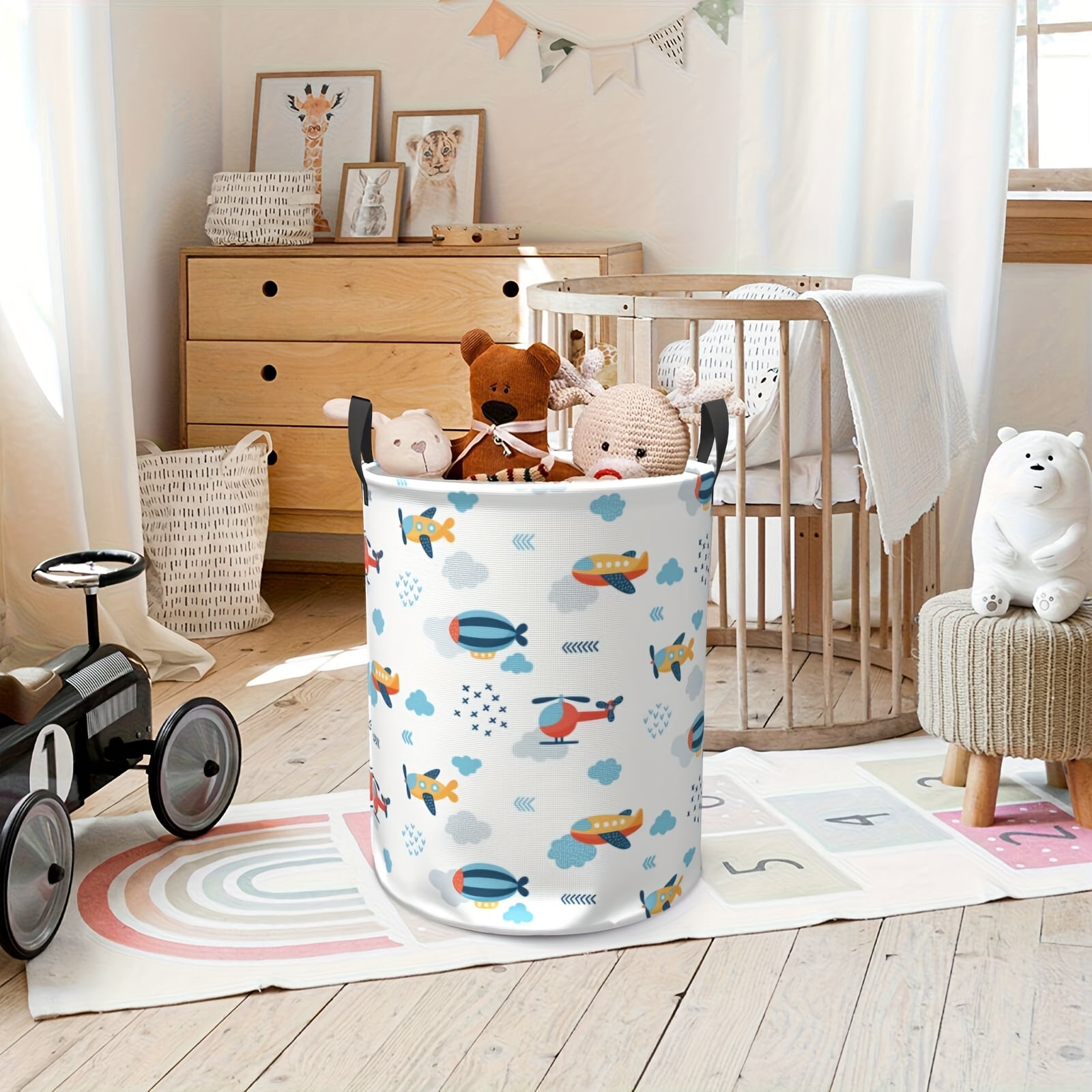 Airplane Hot Air Balloon Printed Storage Basket, Oversized Foldable Laundry Basket, Foldable and Handleable Round Laundry Basket, for Bedroom/bathroom Toys, Laundry Basket