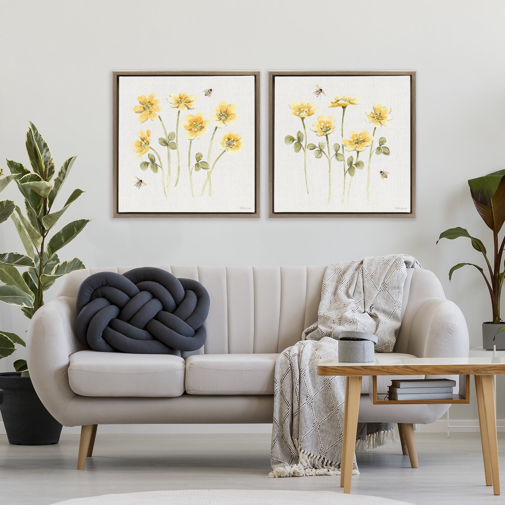 Stupell Industries Sweet Honey Flowers & Bees 2 Piece Brown Framed Floater Canvas Set, design by Beth Grove