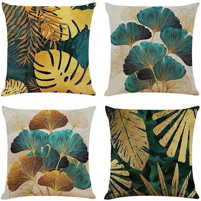Fundas de CojíN Cuadradas Paquete de 4 Fundas de Cojines de Hojas y Doradas Cojines de Sofá de 45 Cm X 45 Cm