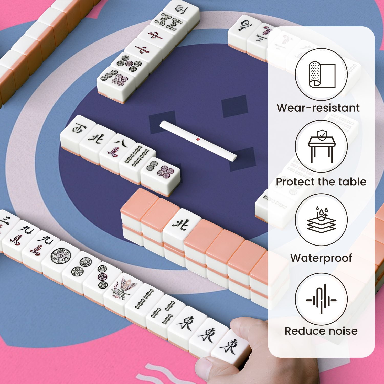 Mahjong Mat 31.5" x 31.5" Geometric Floral Blue Tones Pink Anti-Slip and Noise Reduction Symmetry Design Mahjong Tiles Table Cover for Dominoes Poker Card Board and Tile Games
