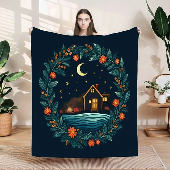 Cozy Flannel Blanket with Vibrant Floral Wreath Design - Soft Warm Perfect for Sofa Travel Bed and Chair