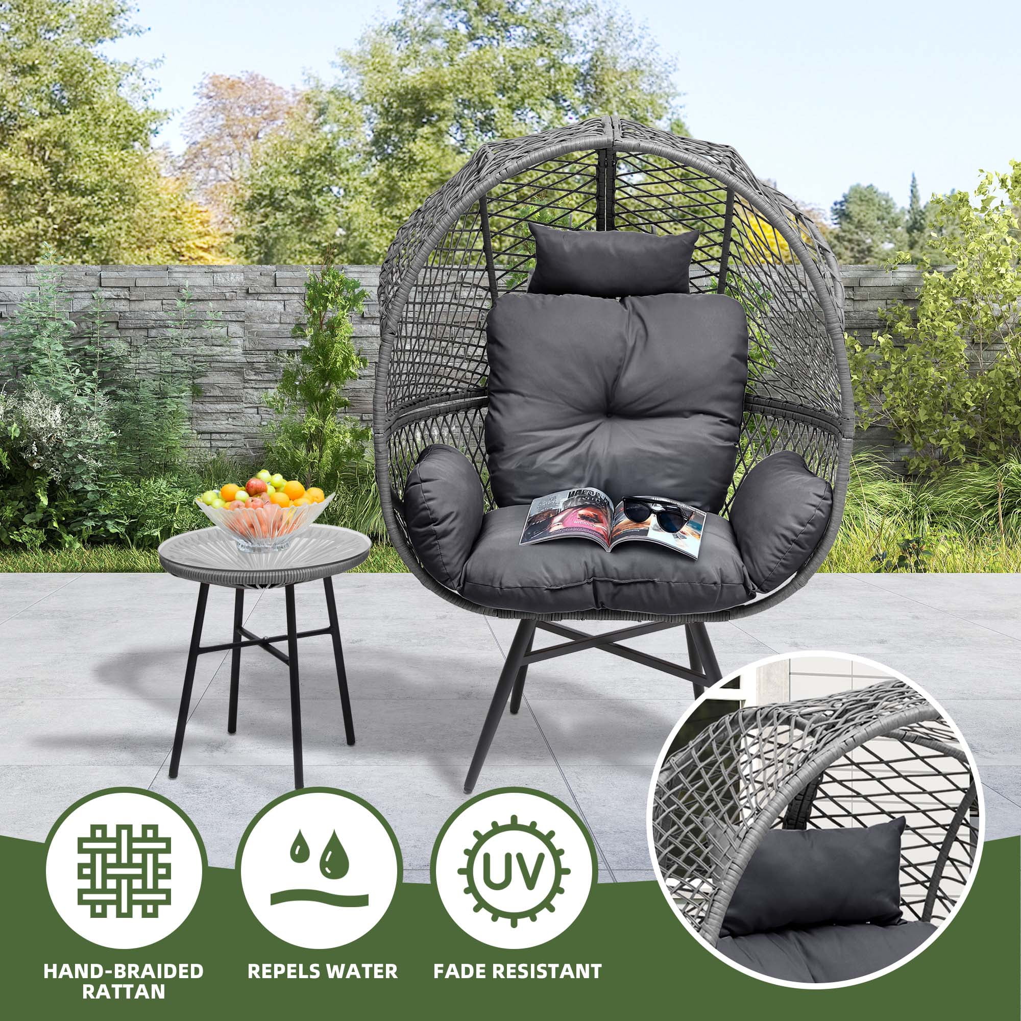 Uforic Wicker Egg Chair Set with a Stand, Comfortable Cushions and a Coffee Table, Suitable for Indoor and Outdoor Use