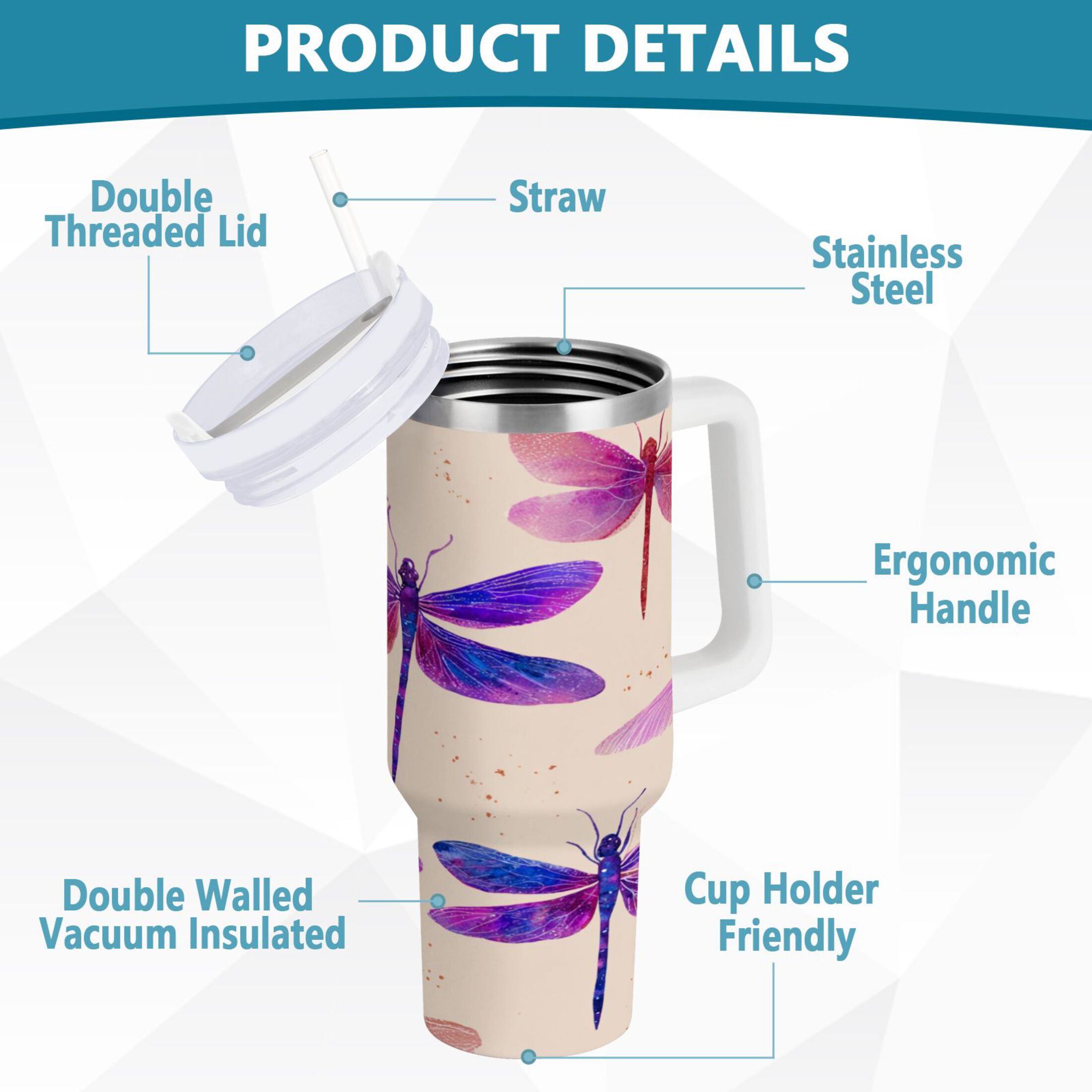 40 oz Stainless Steel Tumbler Vacuum Insulated Leak Proof Stainless Steel Coffee Cup Water Bottles Beautiful Purple Dragonfly