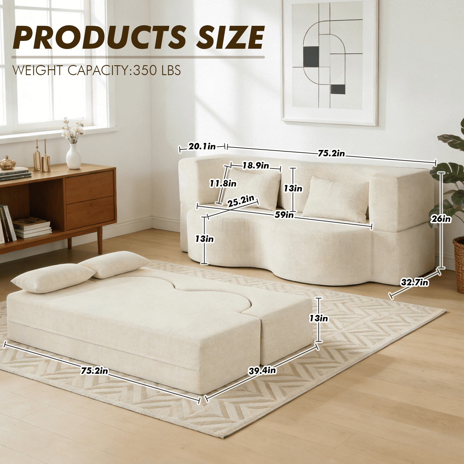 MOONMISS 75'' Folding Boneless Couch, 2-in-1 Sleeper Sofa Bed with Memory Foam, Foldable Sofa with 2 Pillows Living Room, Apartment No Assembly,Beige