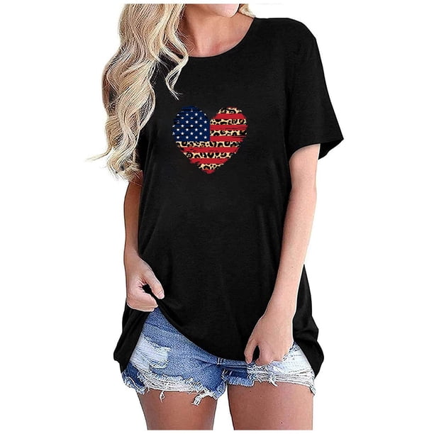 Camisetas de Manga Corta para las Mujeres Día de la Independencia Impresión Básica Camiseta de Verano, Cuello Redondo Casual Camiseta Blusa