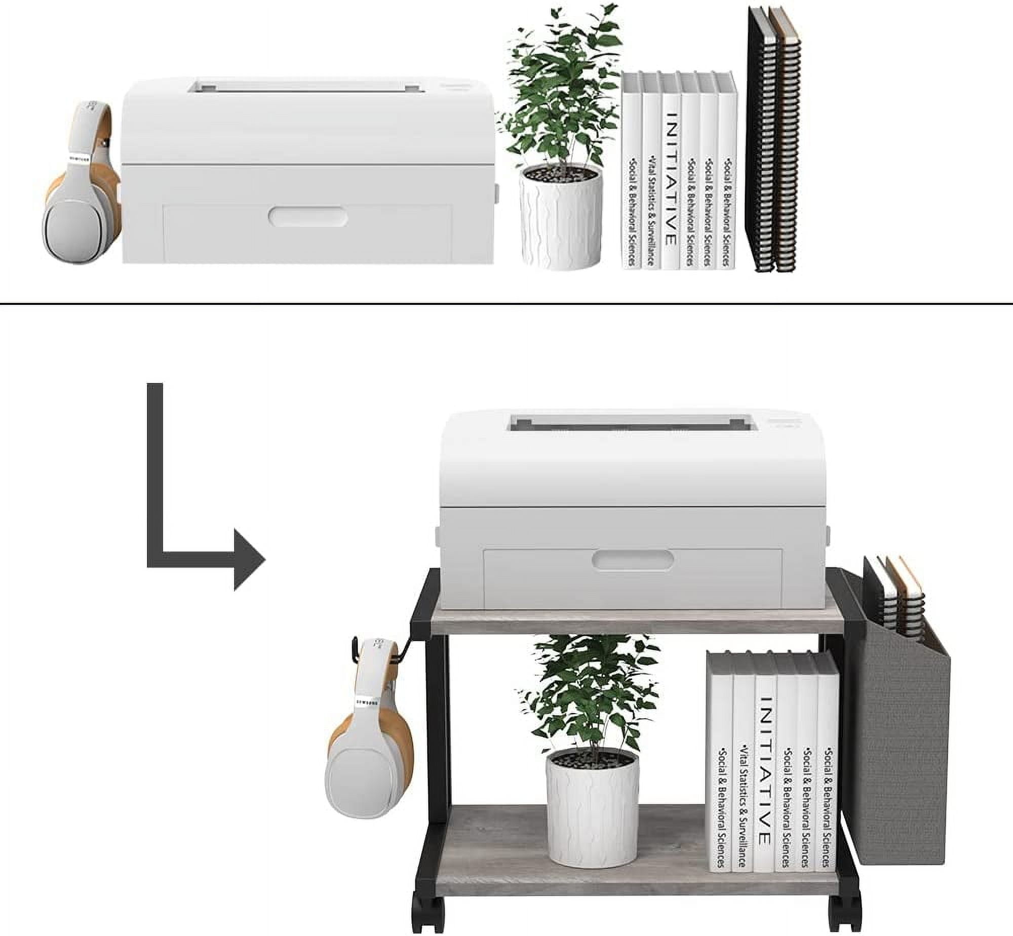 2 Tier Vintage Greige Wooden Under Desk Printer Stand with Storage Bag for Home Office Desktop Printer Table Organizer Mobile Printer Shelf Cart with Caster Wheel