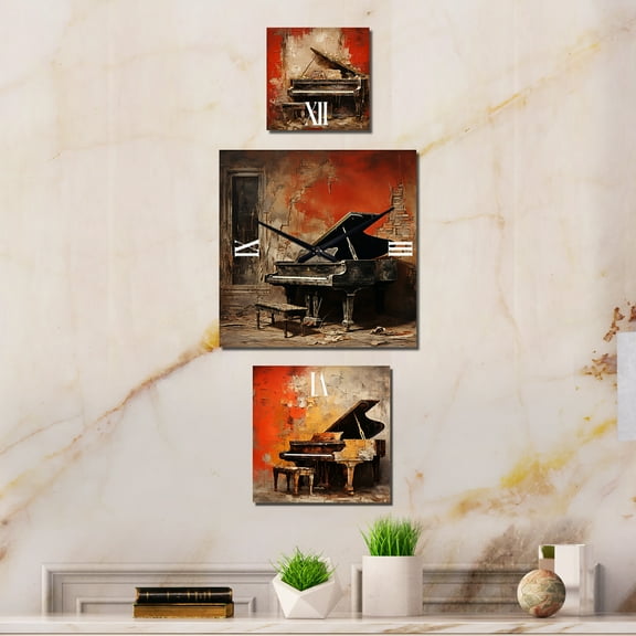 Designart "Timeless Tunes of the Vintage Piano" Music Extra large Clock For Office Décor - Large Traditional Wall Clock - Oversized Red Wall Clock - Set Of 3