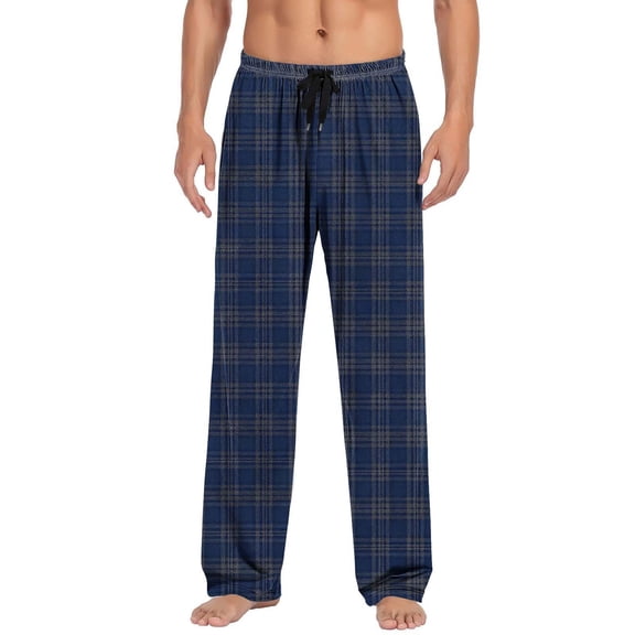Ecqkame Mens Plaid Pajamas Pants Casual Loose Comfy Elastic Waist Pant Straight Lightweight Lounge Trousers with Pockets Dark Blue XXL