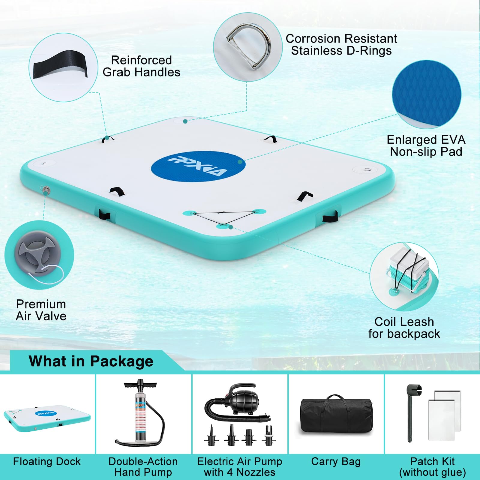 PPXIA Inflatable Floating Dock Mat - 8ft × 5ft Water Platform for Lakes, River, Pool, Ocean - Includes Air Pump