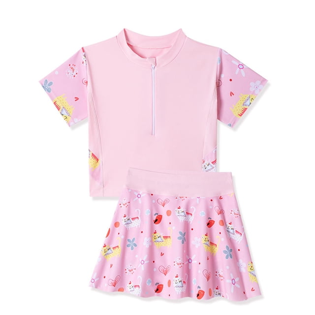 Sunnyoo Toddler Girls 2 Piece Swimsuit Short Sleeve Rash Guard Skirt Quick Dry Bathing Suit Swimwear