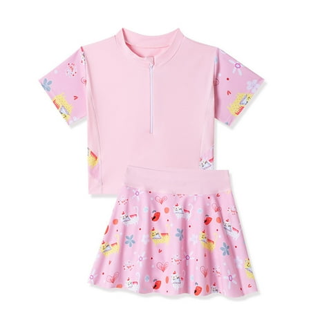 Rhuody Girls Swimsuit 6-7 Years Two Piece Swimsuit Floral Guard Set Kids Beach Swimwear Sweet Rash Guard Sets Pink