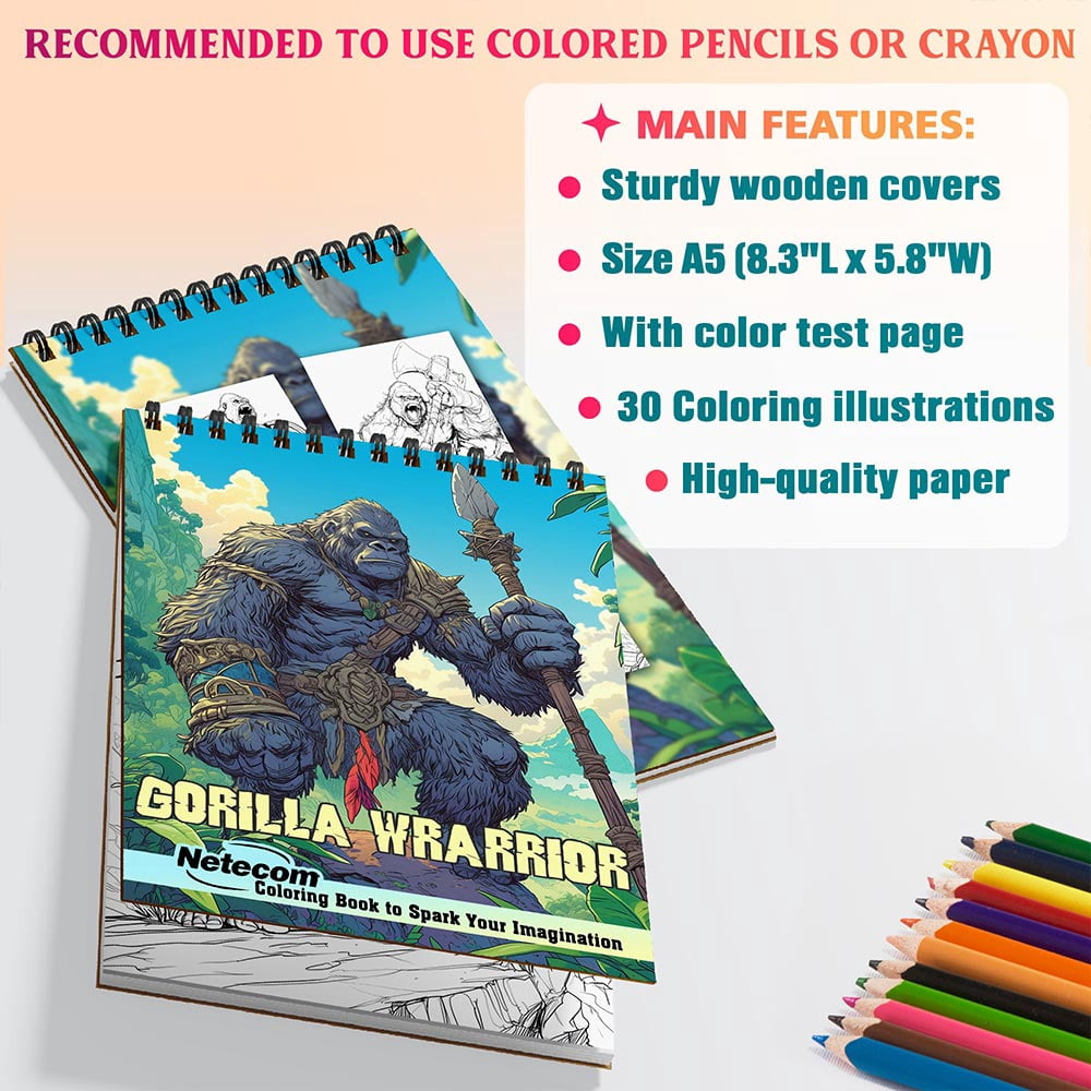 Netecom Gorilla Warrior Coloring Book for Adults, A5 Wooden Cover, 30 Bold and Dynamic Coloring Pages of Mighty Gorilla Warriors for Stress Relief and Relaxation, Spiral Bound Edition