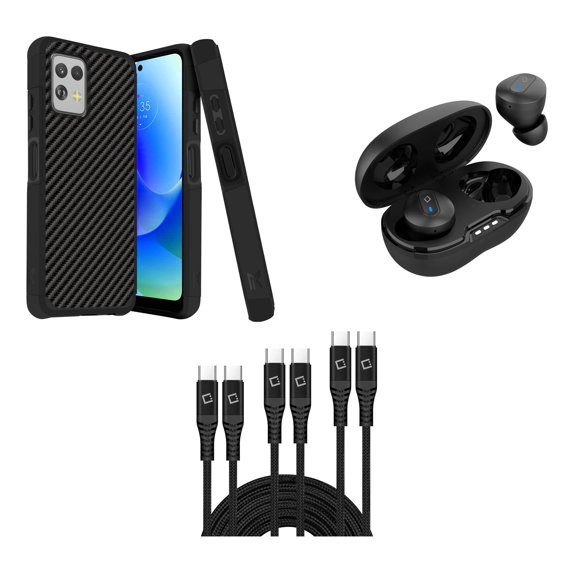 BD Combo Bundle Case for Moto G Power 5G 2023 Case - (Carbon Fiber) Dual Shockproof Protector Armor Case with Noise-Cancelling Wireless Earbuds, USB-C to USB-C Cables (3ft, 6ft, 10ft)