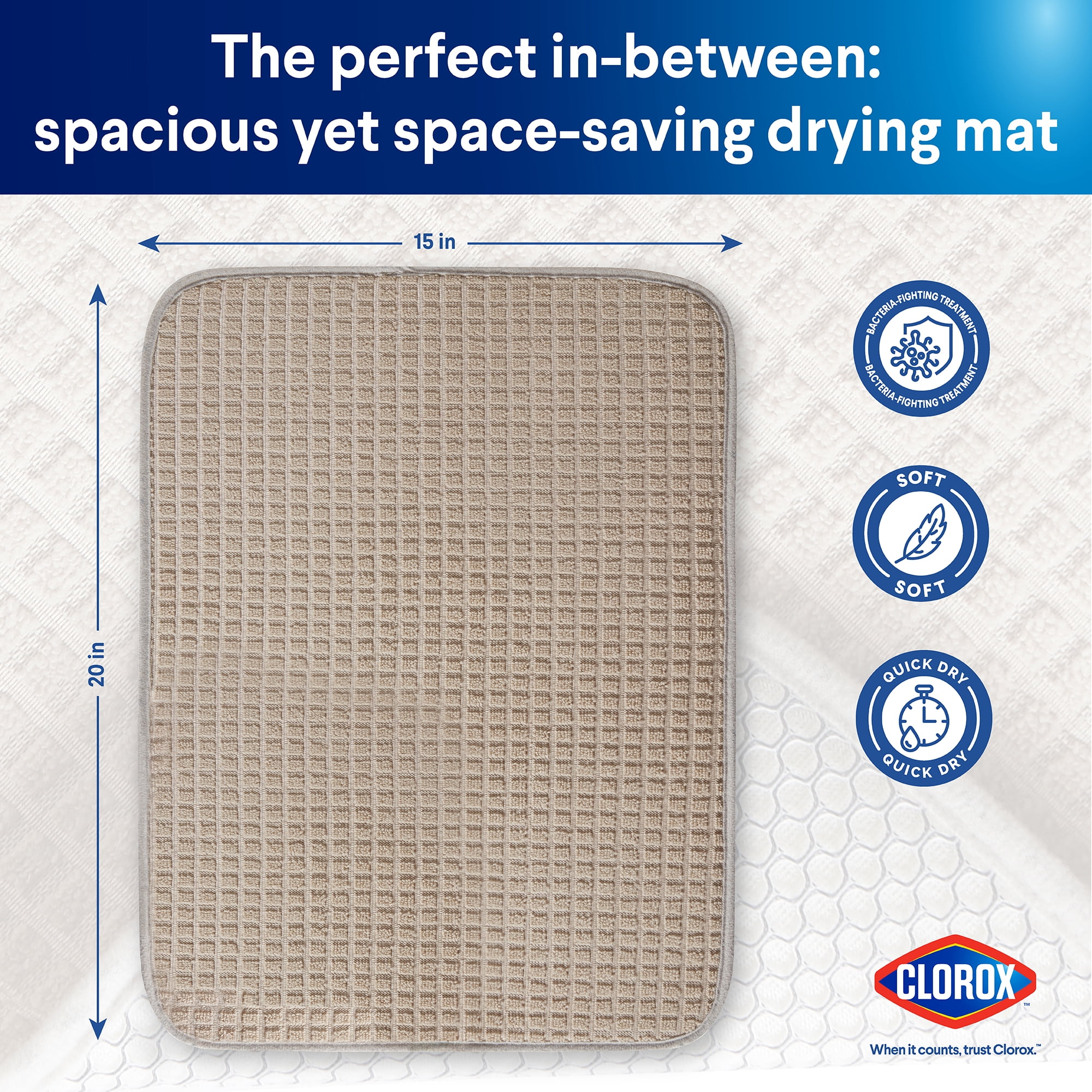 Clorox Dish Drying Mat, Absorbent Microfiber, 50% Recycled for Kitchen, 15" x 20" Beige Tan