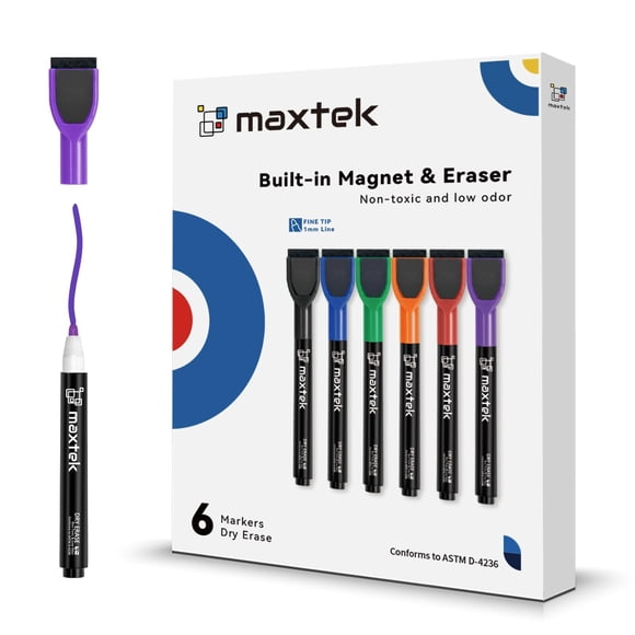 Marcadores de borrado en seco Maxtek, 6 unidades, coloridos, magnéticos, con goma de borrar