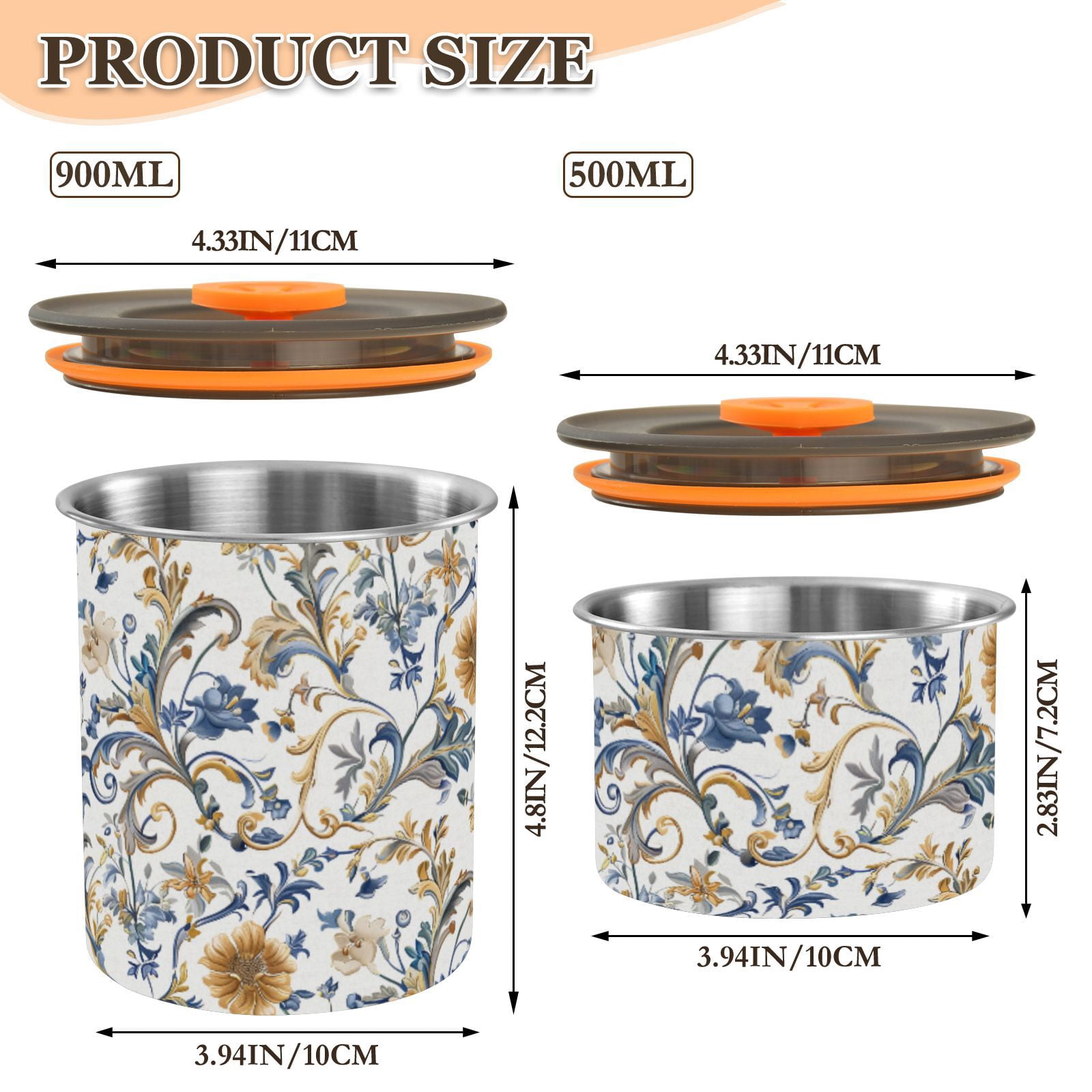 Classic Baroque Florals Airtight Coffee Bean Canister 30oz Food Storage Containers with Lids For Gournd, Tea, Sugar, Flour, Rice, Cereal, Candy Cookie Jar