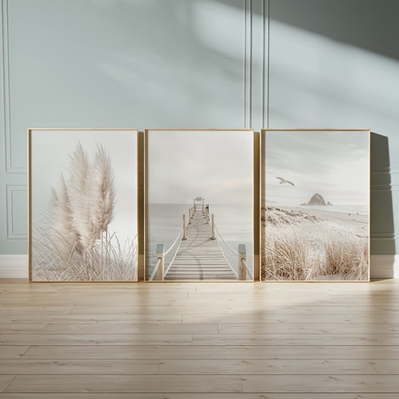 Set of 3 Beige Pampass Grass Coastal Photo Wall Art, Modern Neutral Art Prints, Nordic Canvas Posters, Beach House Decor, Summer Decor, Artwork for Living Room, Bedroom, Home Office, Kitchen, Bar, C
