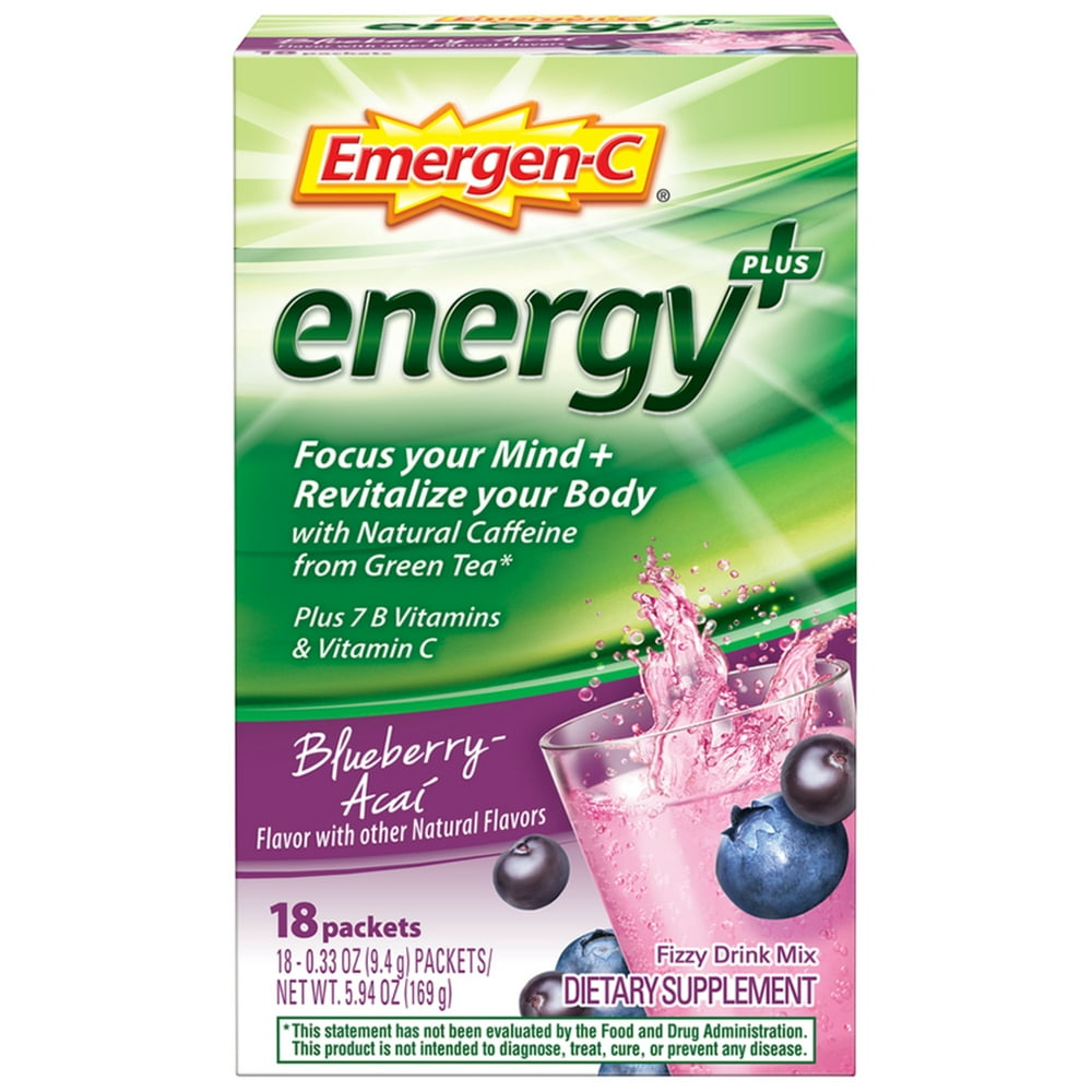 EmergenC Energy Plus Energy Drink Mix, Blueberry Acai Flavor, 18 Ct