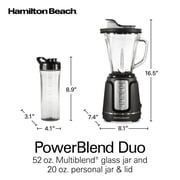 Hamilton Beach PowerBlend Duo Smoothie Blender, 52 oz Glass Jar & 20 oz. Personal Jar, 825W, Stainless Steel Blades, Black