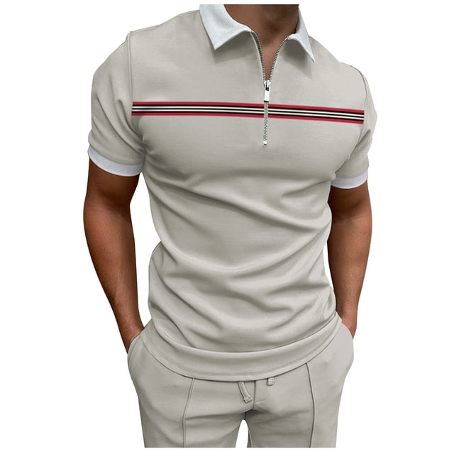SHIXIAOO Male Spring Summer Mesh Short Sleeve Top Solid Color Striped Zipper Lapel Top Maternity T Shirts Long Sleeve Undershirt for Men Mens Large Long Sleeve T Shirts Long Sleeve Men Running Men S