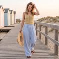 thumbnail image 6 of Women's Pants Vertical Stripe Print Linen Palazzo Pants Drawstring Elastic Waist Wide Leg Flowy Summer Casual Beach Trousers, 6 of 6