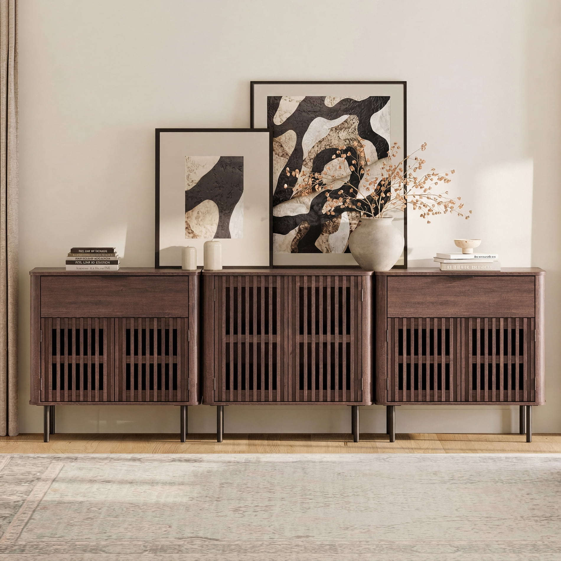 94.5 Inch Large Fluted Buffet Cabinet Sideboard with Storage,Wood Modern Accent Coffee Bar Console Table, Walnut