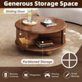 thumbnail image 6 of TIMOREN 31.8" Round Coffee Table with Storage, Fluted Solid Pine Wood Tea Table with Sliding Door & Hidden Compartment for Living Room, Walnut Finish, 6 of 16