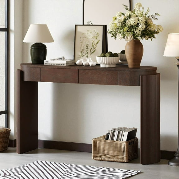 GZXS 55" Oval Entryway Console Table with Fluted Legs and 2 Drawers, Modern Sofa Table behind Couch for Living Room, Hallway, Foyer – Espresso