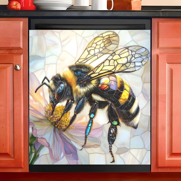 Ryvnso Bee on Marble Flower Dishwasher Magnetic Refrigerator Magnet Cover Kitchen Home Decorative 23"x26"