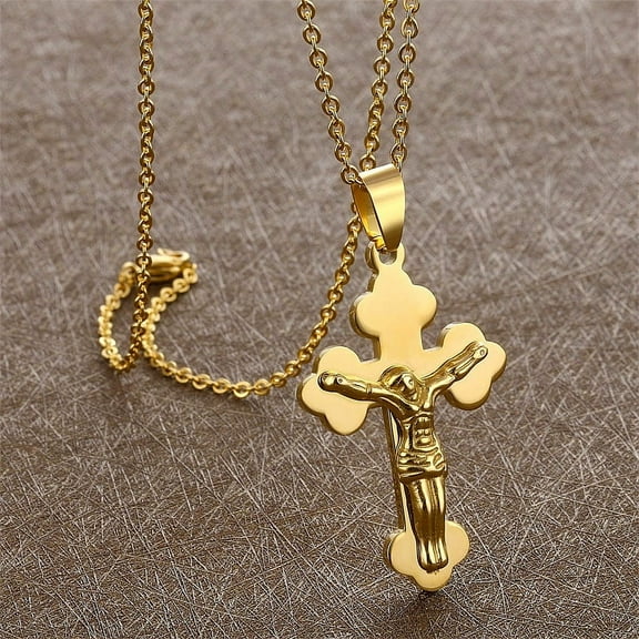 14K Yellow Gold Jesus Cross Crucifix Pendant Necklace For Men Women Religious Jewelry