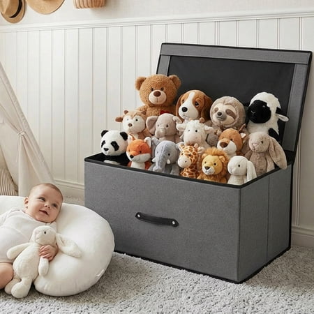 HONEIER Large Toy Box, Toy Box with Lid, Foldable Toy Box Storage Chest for Kids Playroom Nursery Living Room, 24 x 16 x 12 Inches, Gray