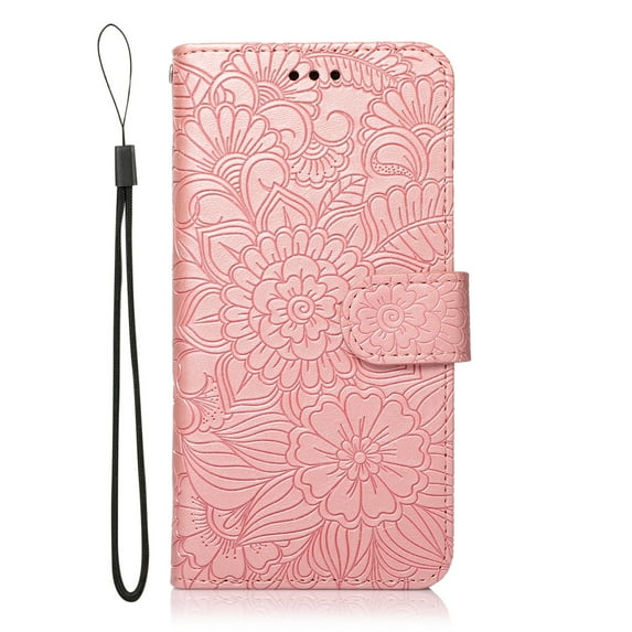 TOP SHE Embossed Three Cards PU Leather Solid Color Folding Folio Case with Cards Holder Pocket Lanyard Anti-Scratch Shockproof Bumper Cover Case For Samsung Galaxy S20,Rosegold