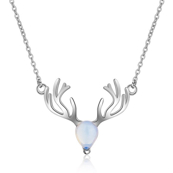 Elk Shape and Necklace Chain Moon Stone Deer Shape Necklace for Female (Platinum)