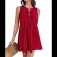 thumbnail image 2 of Vestido Mini de Verano para Mujer, con Lazo Delantero, Sin Mangas, Plisado, Informal, Holgado, Estilo Babydoll, Rojo, Talla L, 2 of 10