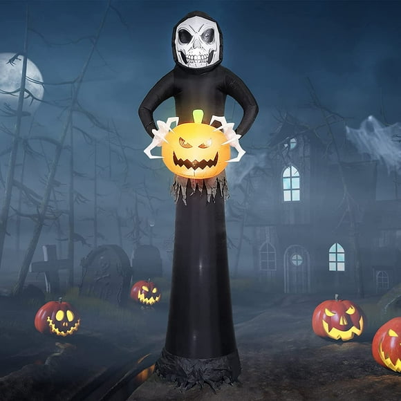 8.9 FT Halloween Inflatables Decor Blow Up Scythe Ghost Hold Pumpkin Grim Reaper LED Lighted Creepy Outdoor Indoor Holiday Decorations, Blow up Lighted Yard Decor with Stakes Tethers