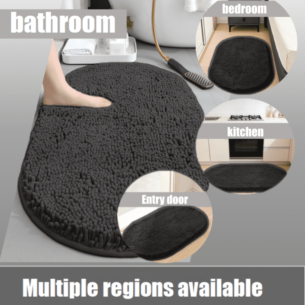 MK Gdledy Chenille Oval Bath Rug 20x32, Rubber Backing Quick Dry Washable Microfiber Mats，Black