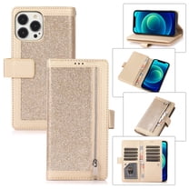 Wallet Case for iPhone 14 Pro Max Shining Zipper Pocket Cover, Glitter Sparkle Luxury PU Leather Magnetic Flip Folio Case with Card Slots Kickstand Wrist Hand Strip Shockproof Case, Gold