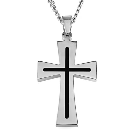 Men's Two-Tone Stainless Steel Cross with 24" Curb Chain - Mens Pendant