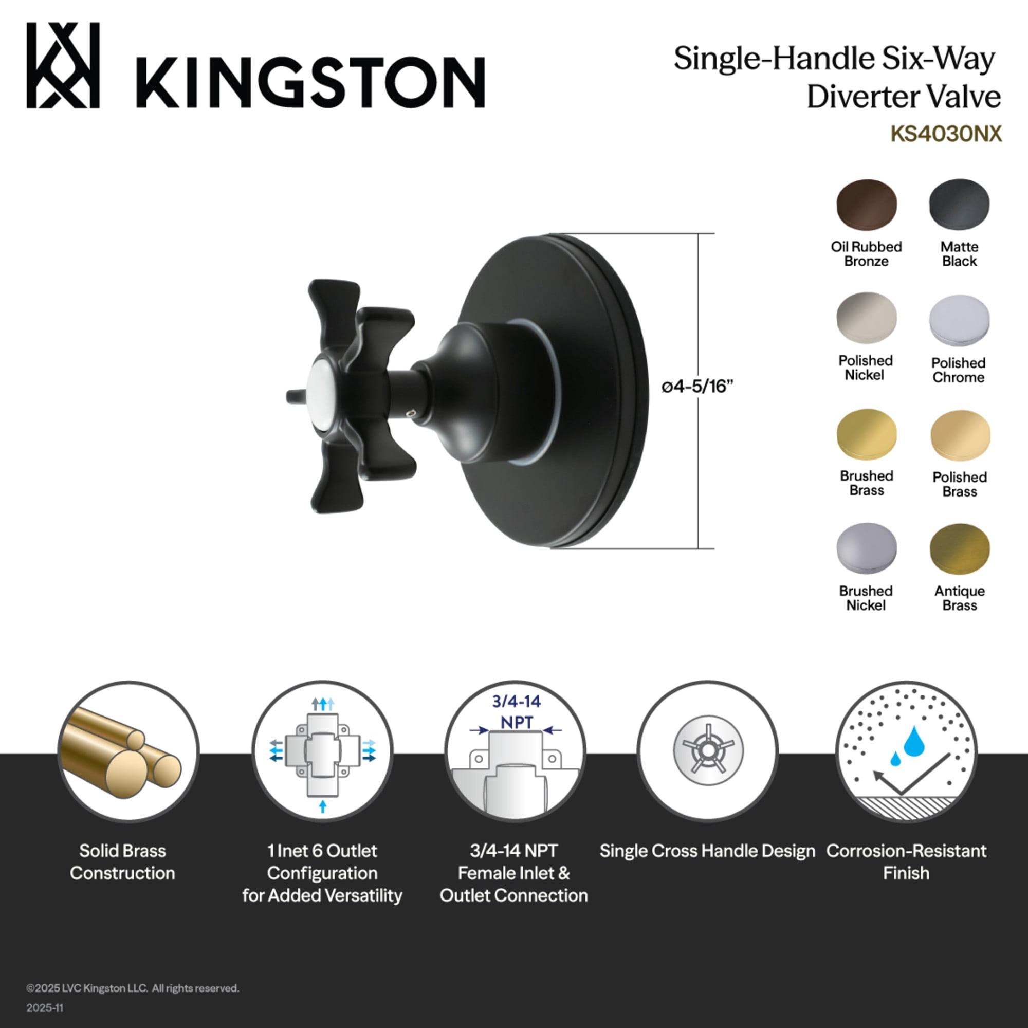 Kingston Brass KS4031NX Hamilton Single-Handle Six-Way Diverter Valve with Round Trim Kit in Polished Chrome