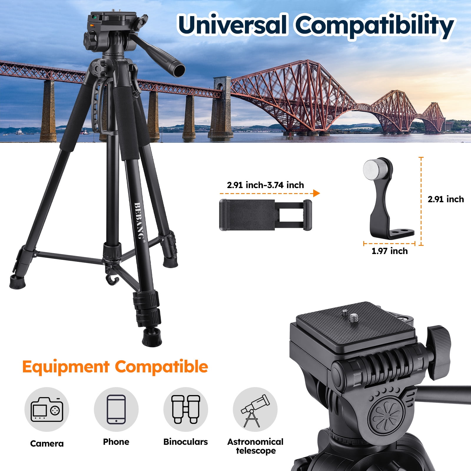 BEBANG 67" Camera Tripod, Portable Aluminum Tripod Stand for DSLR Camera and iPhone, Mirrorless Cameras, Camcorders and Binoc
