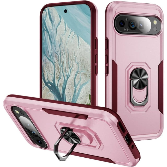 MYKOMI for Google Pixel 9 & 9 Pro Case with Stand Ring Holder Magnetic Rugged Cover Pixel 9 Pro Phone Case Heavy Duty Military Grade Shockproof Silicone & PC Double Layer Protection