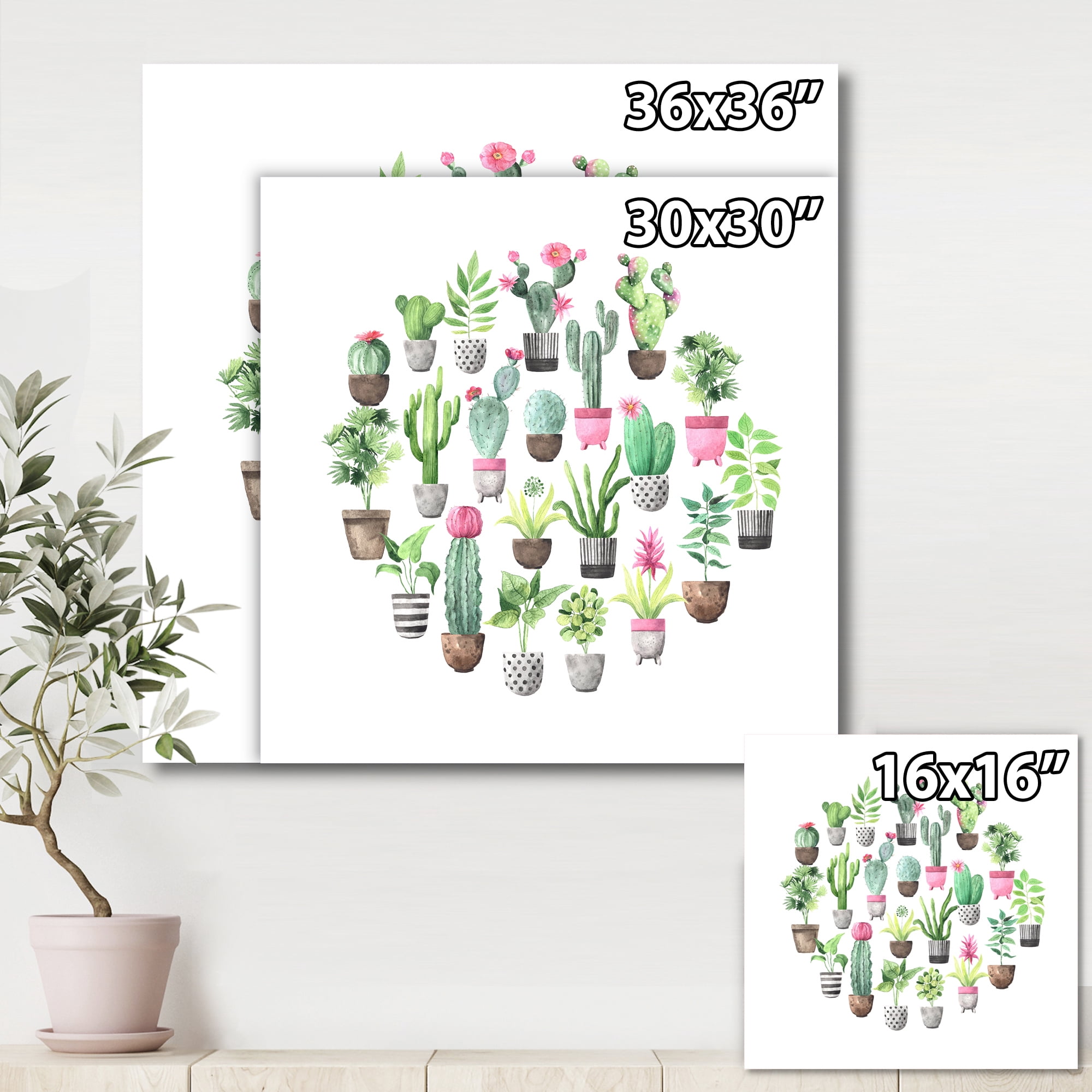 Cactus In Ceramic Pots In Gentle Tones II 16 in x 16 in Painting Canvas Art Print, by Designart