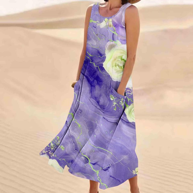 Robes pour Femmes, Robe Longue Sans Manches à Col Rond en Lin Imprimé
